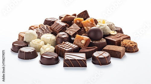 a various shapes of chocolates elegantly arranged on a pristine white background, capturing the rich and indulgent allure of these delectable treats.