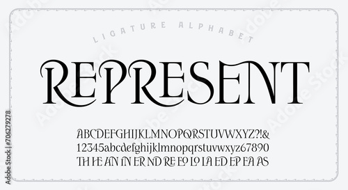 Represent, an elegant yet understated serif font with extensive ligatures.