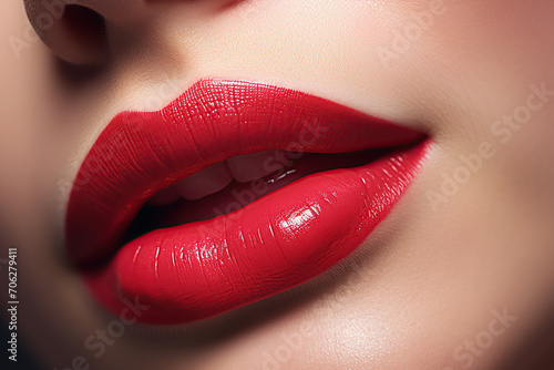 close up horizontal image of a female lips with red lipstick AI generated
