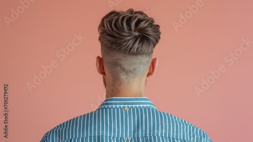 Rear view of a man with a modern hairstyle, wearing a blue and white striped shirt. Demonstration of the work of a men's hairdresser and barber.