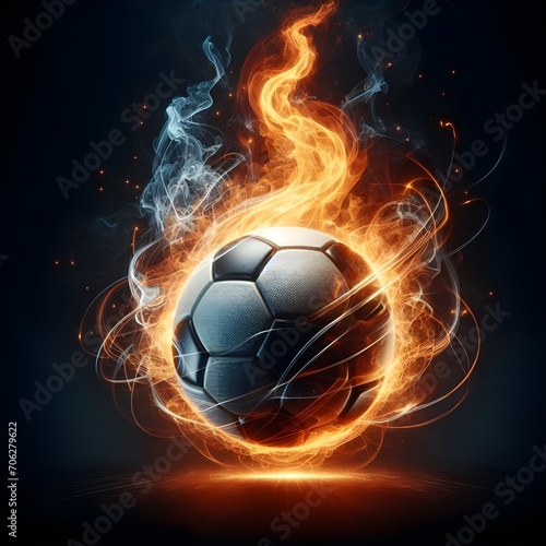 Whirring footbal on fire  in orange flames against a black background