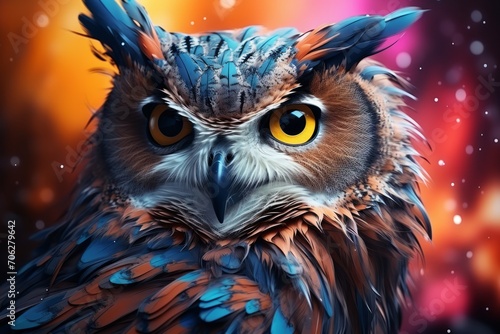 Image of colorful owl on dark background. Wildlife Animals. Bird. Illustration. Illustration of an owl with striking yellow eyes. a captivating 3D rendering of an abstract owl portrait with a colorful © Nataliia_Trushchenko