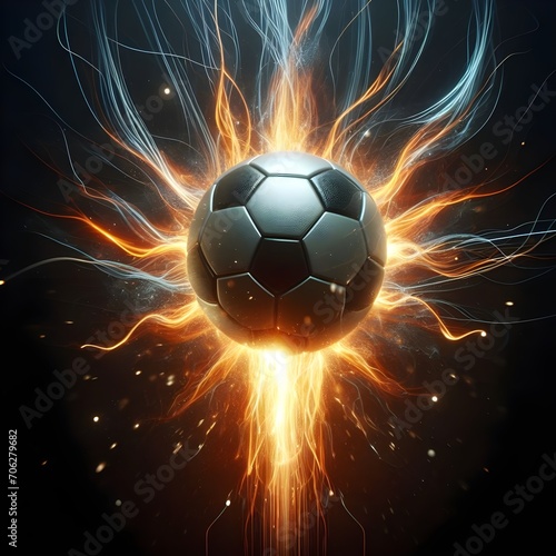 Soccer ball moving on black background with fire flames energy streaks behind it, sports success and power concept