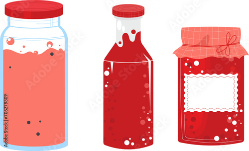 Three jars of red jam with various lids, blank labels. Homemade preserves collection, kitchen theme. Food storage vector illustration. photo