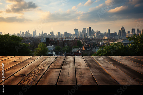 Tisch Holz Ablage mit Skyline bei Sonnenuntergang  Durch AI generiert 