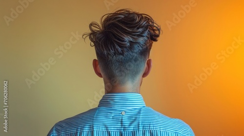 Rear view of a man with a modern hairstyle, wearing a blue and white striped shirt. Demonstration of the work of a men's hairdresser and barber.