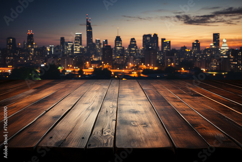 Tisch Holz Ablage mit Skyline bei Sonnenuntergang  Durch AI generiert 