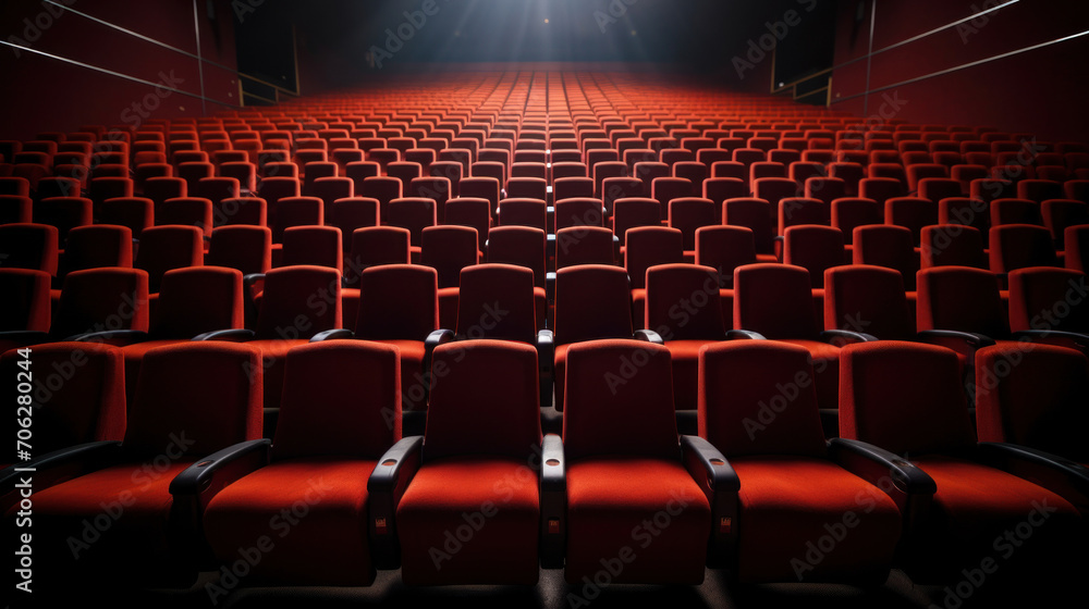 An empty theater with rows of red seats under dramatic lighting, awaiting an audience for a performance.
