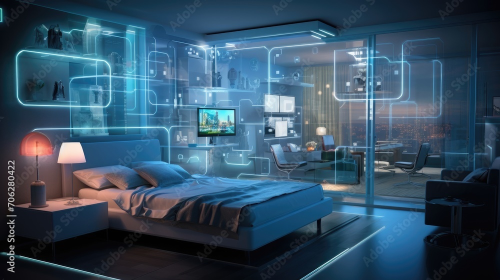 Modern Smart bedroom interior with technology maintaining connections Modern Smart bedroom interior with technology maintaining connections