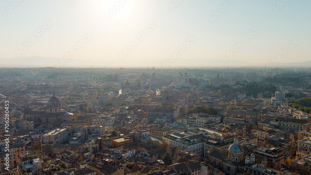 Rome, Italy. Flight over the city. Panorama of the city in the morning. Backlight. Summer, Aerial View