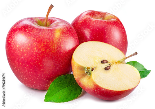 Ripe red apples and apple slice isolated on white background.