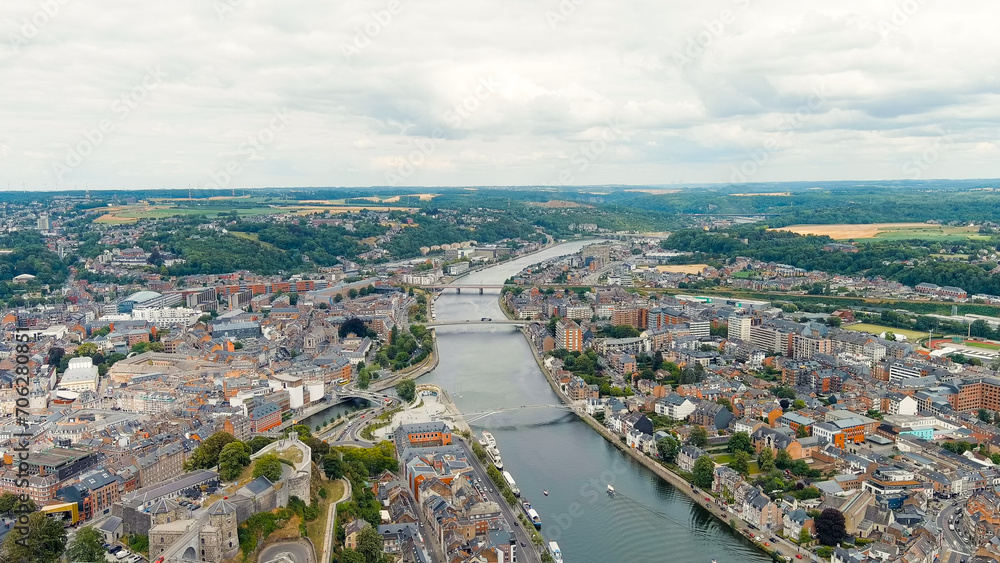 Namur, Belgium. Panorama of the central part of the city. River Meuse. Summer day, Aerial View