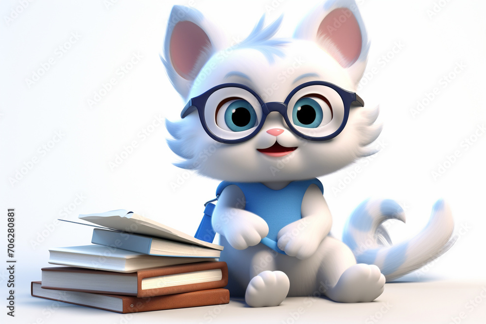 3D cartoon cute cat reading and writing