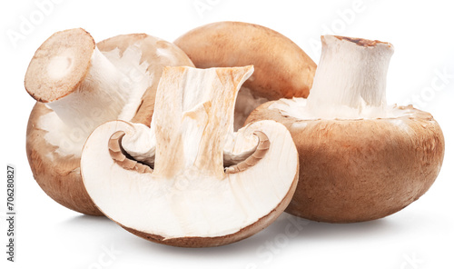 Ripe royal champignon mushrooms with slices of champignons on a white background.