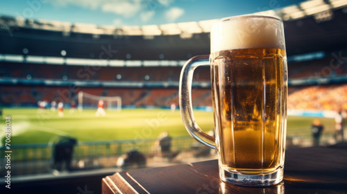 A cold glass of beer sits on a table with a blurred soccer stadium in the background, capturing a leisurely game day atmosphere.