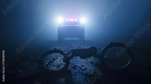 Silhouette of handcuffs and police car