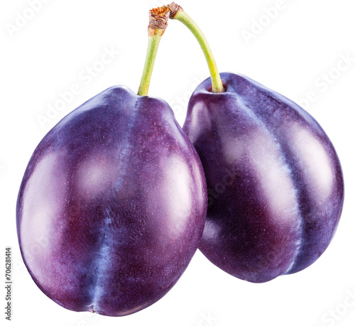 Ripe prune plums on white background. Clipping path.