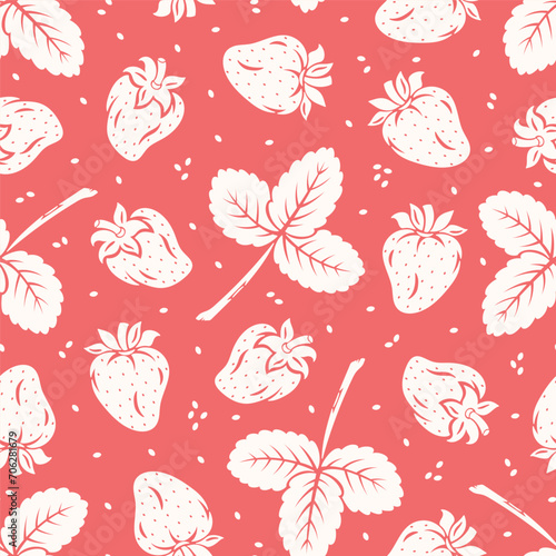 Berry and Leaf of Strawberry. Strawberries Pink White Seamless Pattern. Berries with Leaves Vector Background. Fruit Wallpaper. Great for Textile  Wrapping Paper  Packaging etc.