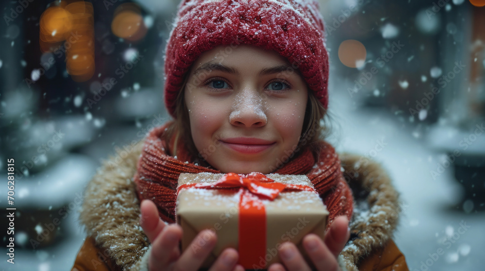 Young woman person hands hold a small cardboard paper gift box outside during winter time with snow Young woman person hands hold a small cardboard paper gift box outside during winter time with snow