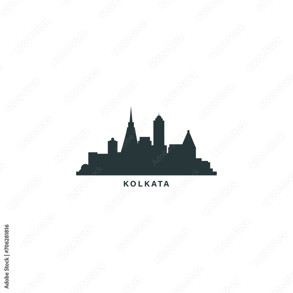 Kolkata cityscape skyline city panorama vector flat modern logo icon. India, West Bengal state emblem idea with landmarks and building silhouettes. Isolated black shape graphic