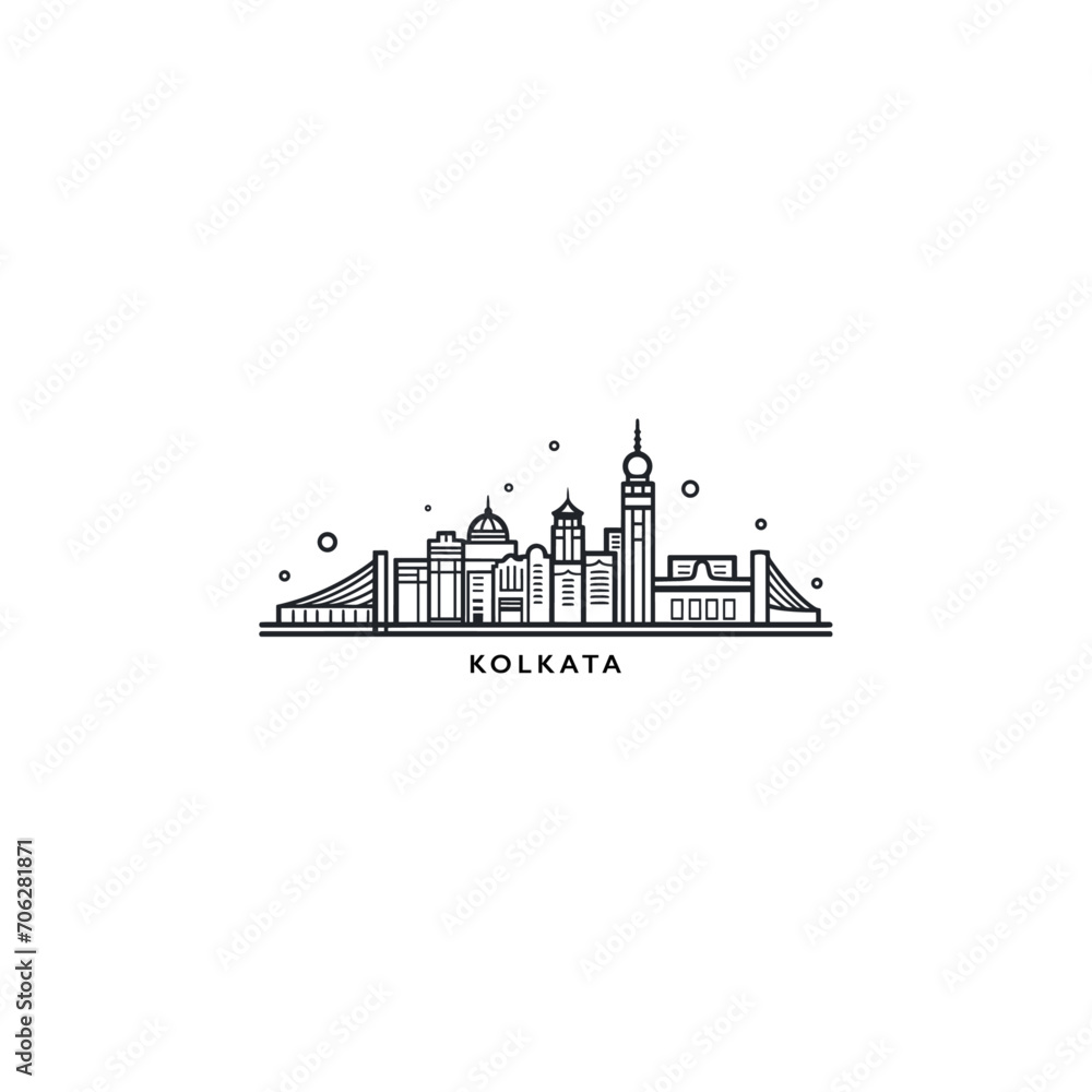 Kolkata cityscape skyline city panorama vector flat modern logo icon. India, West Bengal state emblem idea with landmarks and building silhouettes. Isolated thin line graphic