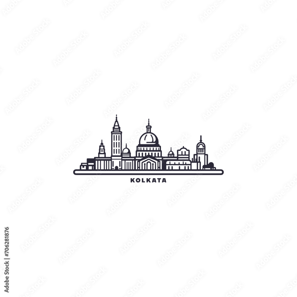 Kolkata cityscape skyline city panorama vector flat modern logo icon. India, West Bengal state emblem idea with landmarks and building silhouettes. Isolated thin line graphic