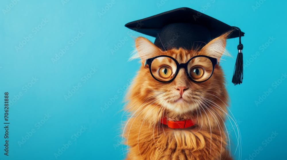 Fototapeta premium Fluffy funny cat wearing a graduate regalia black hat on blue background with copy space