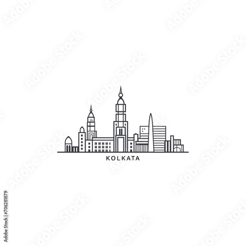 Kolkata cityscape skyline city panorama vector flat modern logo icon. India, West Bengal state emblem idea with landmarks and building silhouettes. Isolated thin line graphic