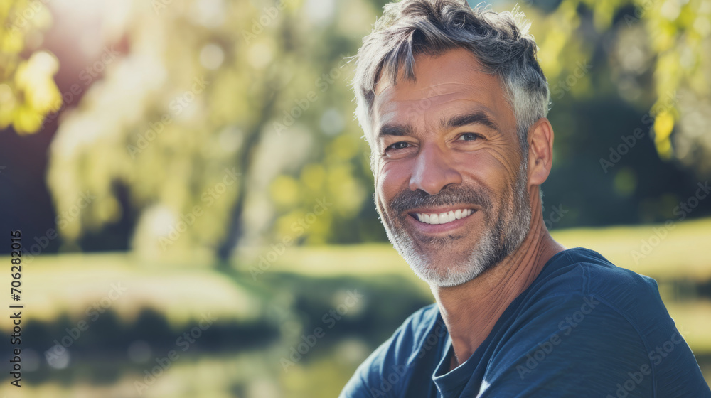 Man in his 50s who exudes happiness and a sense of feeling truly alive in a beautiful natural park near a lake, genuine smile on his face, relaxed and confident, male who found joy and contentment Man in his 50s who exudes happiness and a sense of feeling truly alive in a beautiful natural park near a lake, genuine smile on his face, relaxed and confident, male who found joy and contentment
