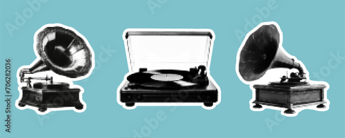 Vintage gramophone silhouette set, halftone dot design, teal background, retro music concept for vinyl records enthusiasts, antique audio equipment collection.