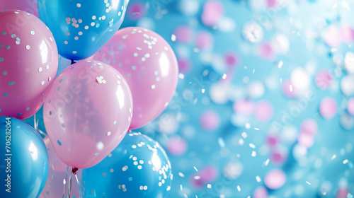 Pink and blue balloons and confetti background with copy space for festive gender reveal party or baby shower backdrop photo