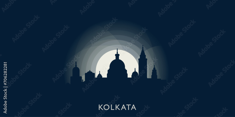 Kolkata cityscape skyline city panorama vector flat modern banner illustration. India, West Bengal state emblem idea with landmarks and building silhouettes at sunrise sunset night