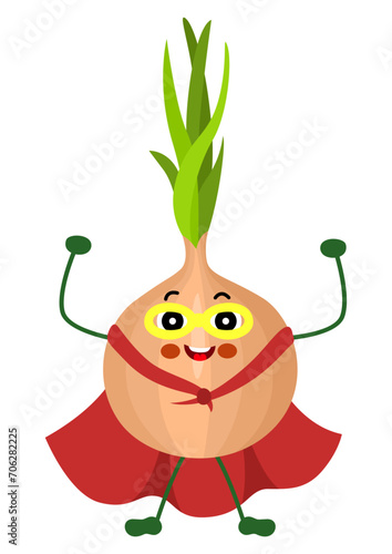Cute onion mascot  in traditional costume of superhero