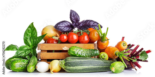 Fresh vegetables in basket. Isolated on white background