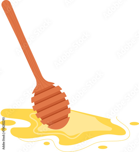 Wooden honey dipper with dripping honey isolated on white background. Sweet natural food concept vector illustration.