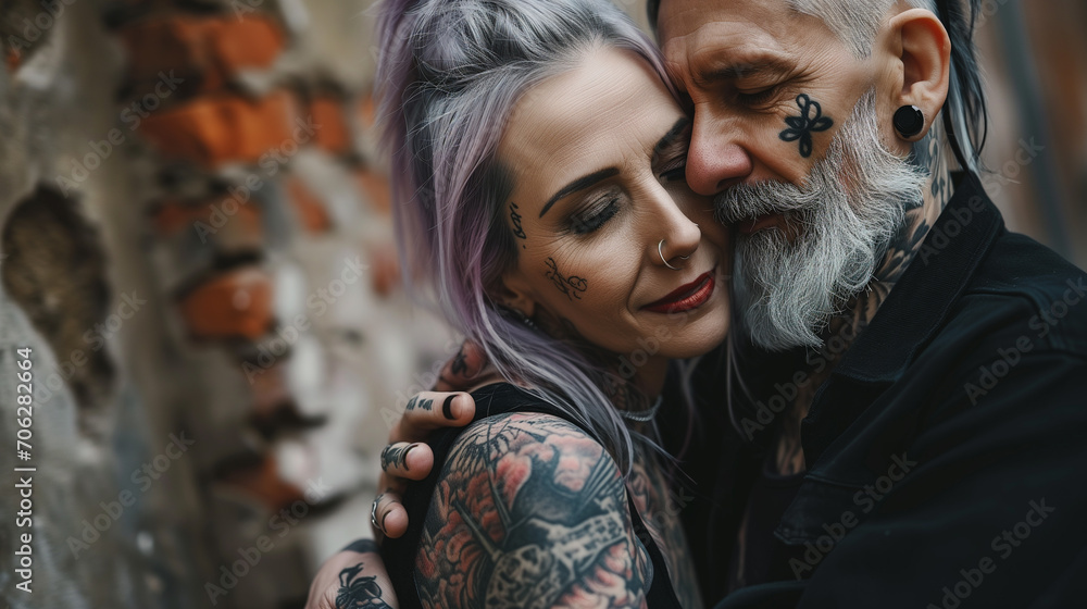 elderly in love couple with tattoos outdoors, ai 