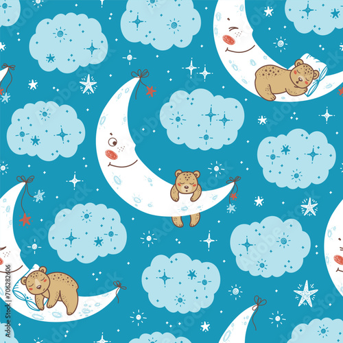Cute Teddy Bears Seamless Pattern. Childish Background with Sleeping Little Bear Cubs on Moon with Stars and Clouds. Baby Wallpaper. Vector Illustration