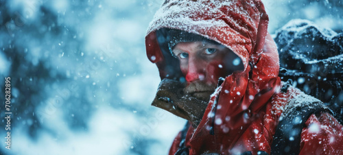 Close-up portrait of a mature man in winter clothes with frost on his ruddy frozen face. A fearless explorer and extreme tourist, he endures severe frost. photo