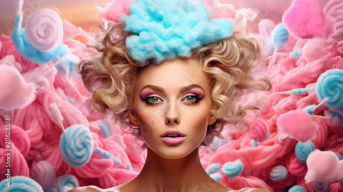 Artistic portrait of a woman with curly blonde hair and blue cotton candy, surrounded by a magical array of pink and blue sweets. © red_orange_stock