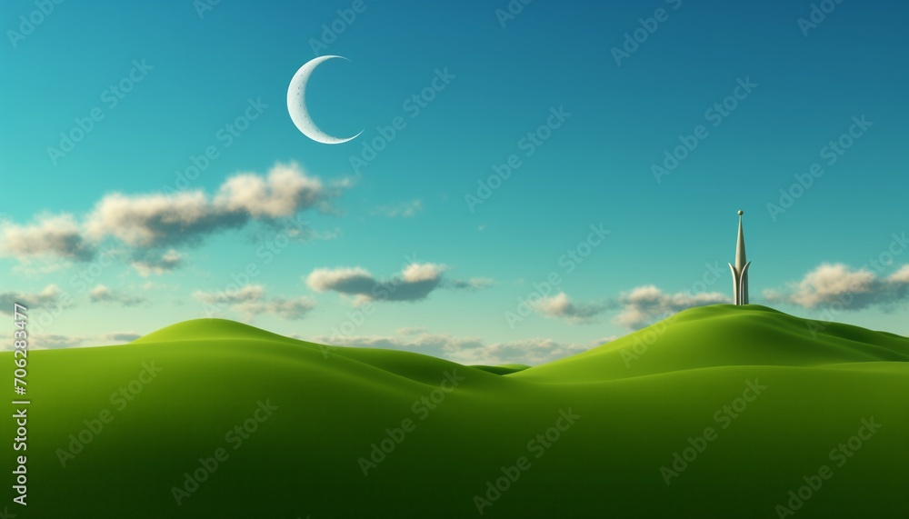 Peaceful Nightfall Over Lush Green Hills Under a Crescent Moon, Featuring a Distant Tower Adding an Element of Mystery, Capturing the Serene Atmosphere of Early Evening or Morning.