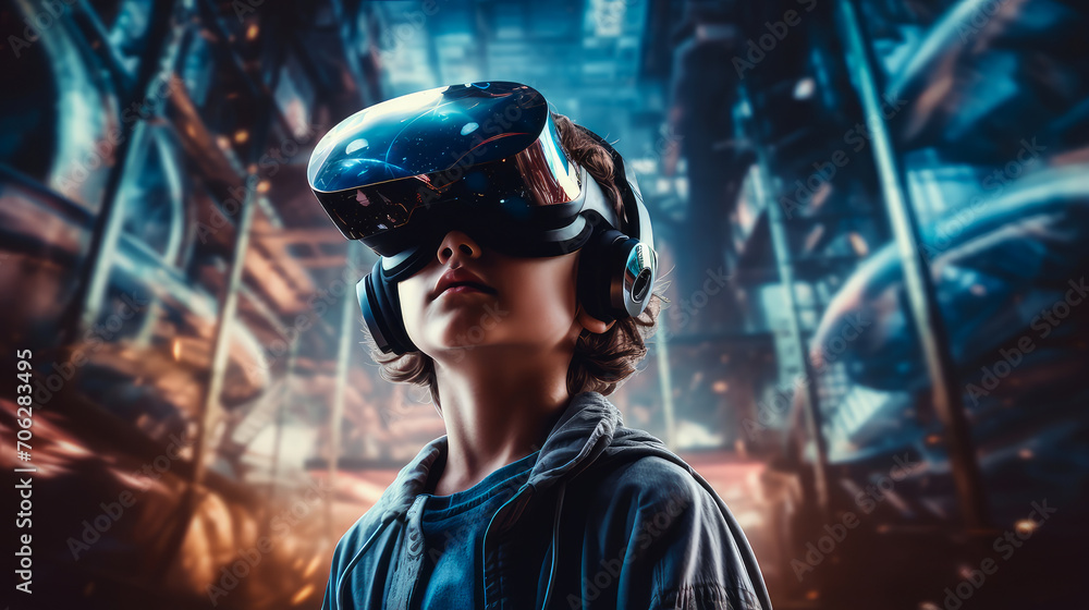 Portrait of a happy smiling enthusiastic Caucasian child boy man in a virtual reality headset. Portrait of a happy smiling enthusiastic Caucasian child boy man in a virtual reality headset.