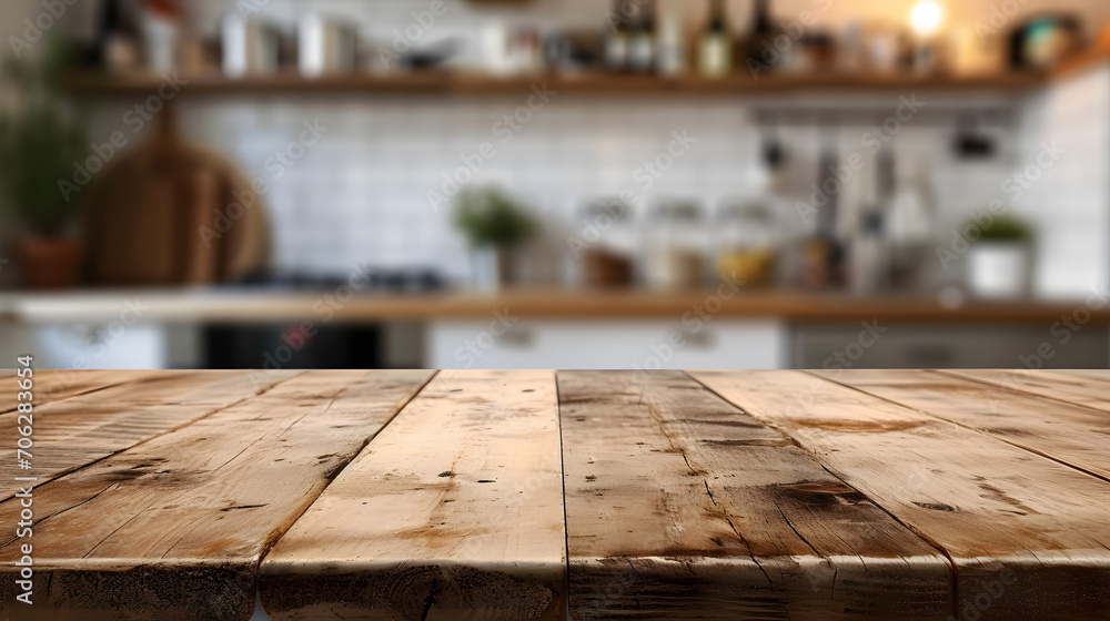 Empty wooden table and blurred kitchen background. Generative AI illustration Empty wooden table and blurred kitchen background. Generative AI illustration