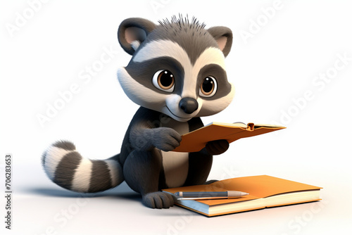 3D cartoon cute raccoon reading and writing