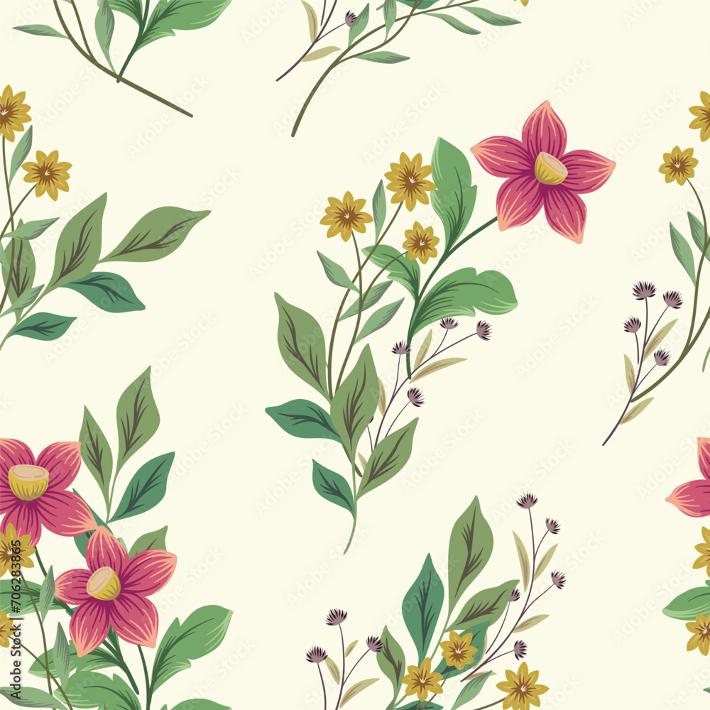 Seamless floral pattern, vintage nature print with wild plants bunches. Elegant botanical design: large hand drawn flowers, herbs, leaves on a white background. Vector illustration, old fashion print.