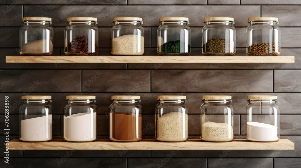 Organized pantry with minimalist clear storage jars on wooden shelves, featuring a variety of kitchen staples. Organized pantry with minimalist clear storage jars on wooden shelves, featuring a variety of kitchen staples.