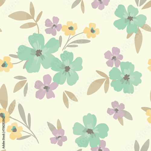 Seamless floral pattern  liberty ditsy print in delicate pastel colors. Pretty botanical design  small hand drawn flowers  little leaves  simple abstract bouquets on a light background. Vector tile.