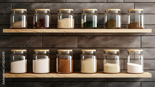 Organized pantry with minimalist clear storage jars on wooden shelves, featuring a variety of kitchen staples.