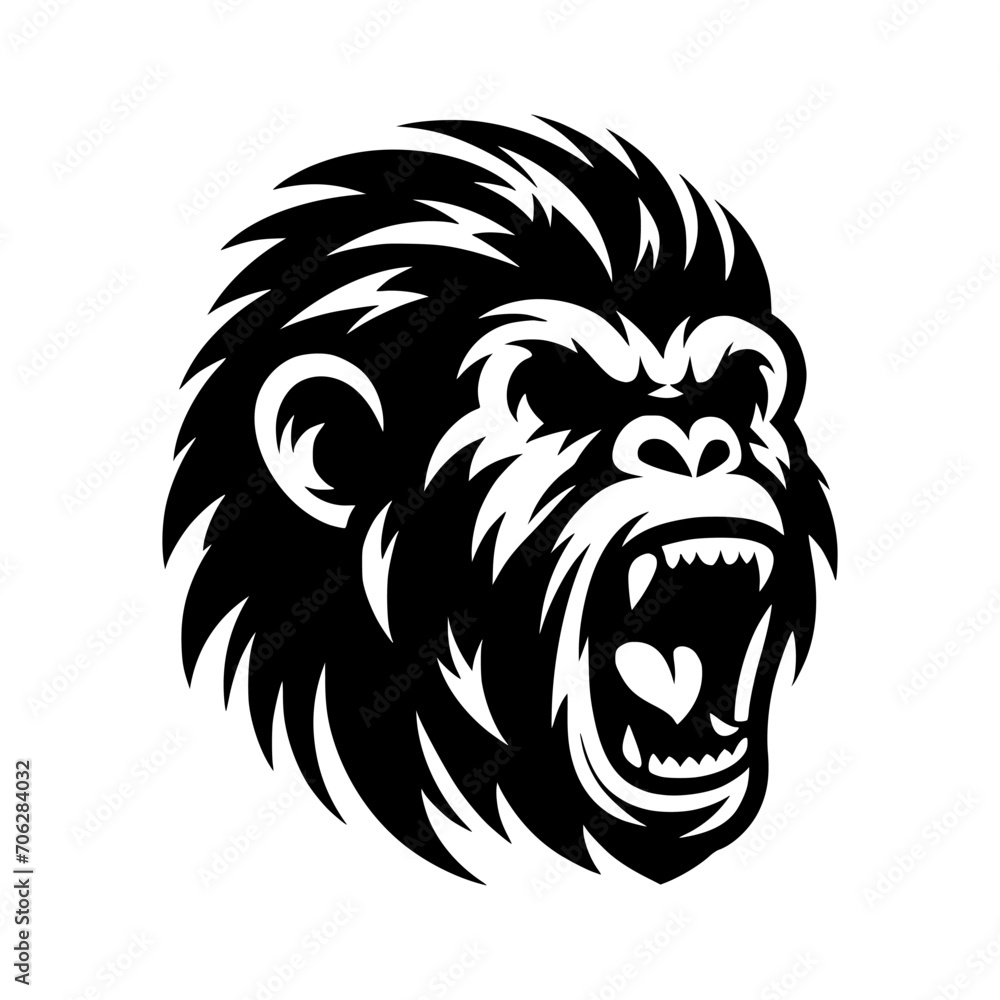 Vector logo of a raging gorilla. Professional logo of a chimpanzee. Black and white logo of an ape isolated on a white background.