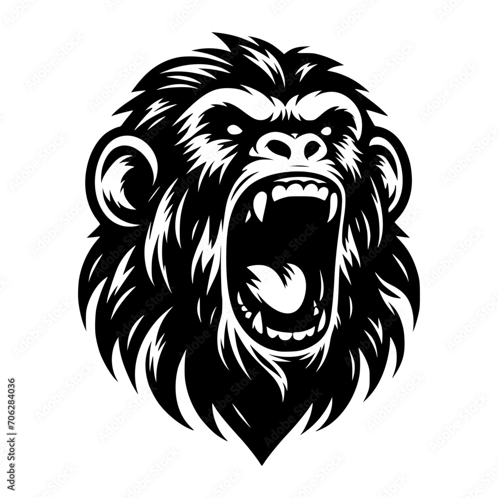 Vector logo of a raging gorilla. Professional logo of a chimpanzee. Black and white logo of an ape isolated on a white background.
