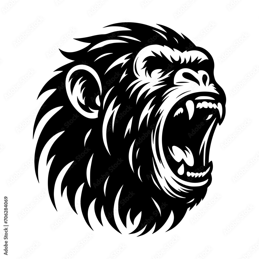 Vector logo of a raging gorilla. Professional logo of a chimpanzee. Black and white logo of an ape isolated on a white background.